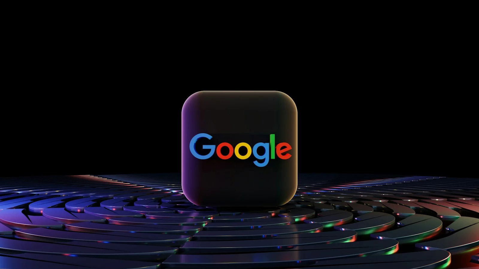 Logo Google flottant sur fond noir, reflet coloré futuriste.