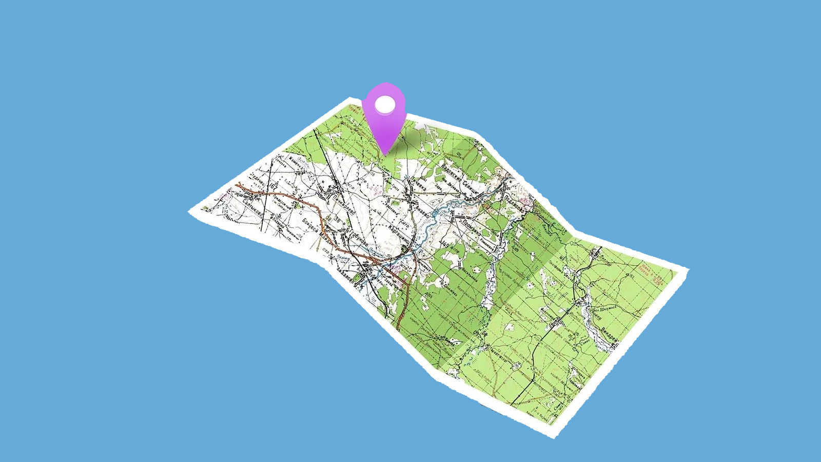 Carte topographique avec épingle violette, fond bleu clair, localisation France.