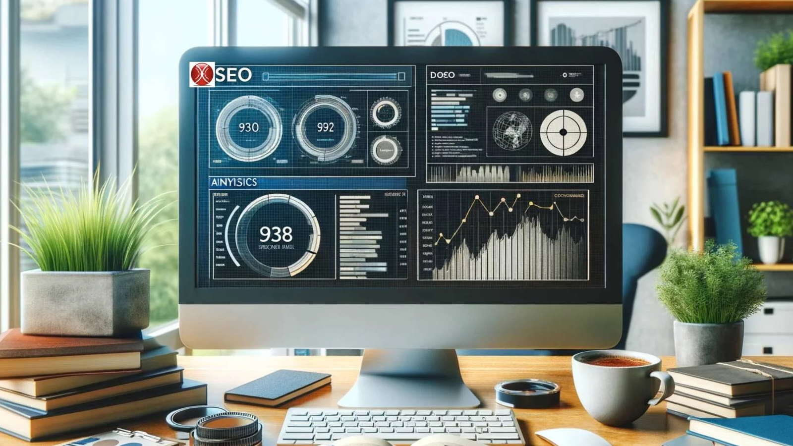 Bureau moderne avec ordinateur affichant des données analytiques SEO.