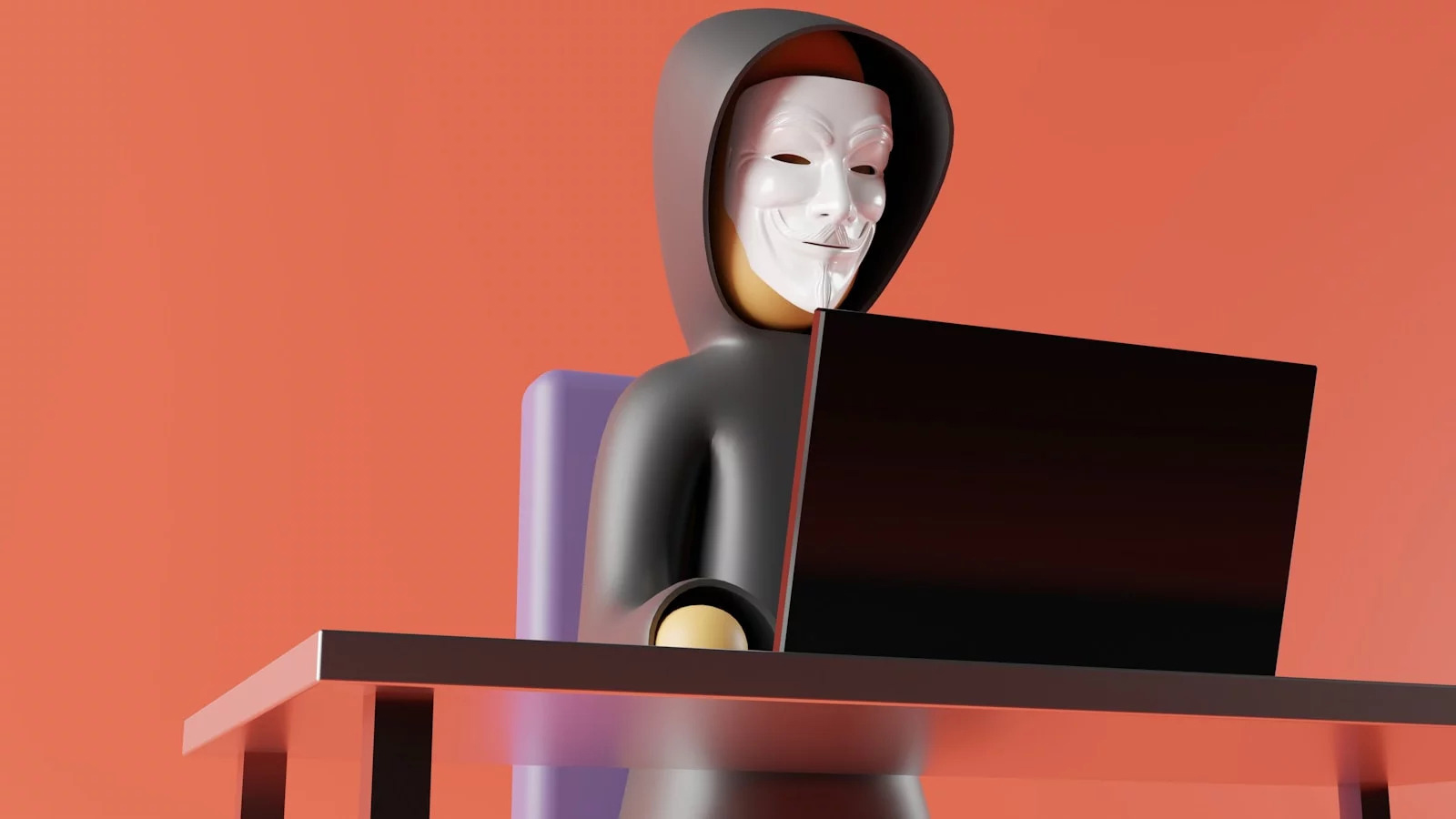 Personnage en hoodie et masque devant ordinateur, fond orange vif.
